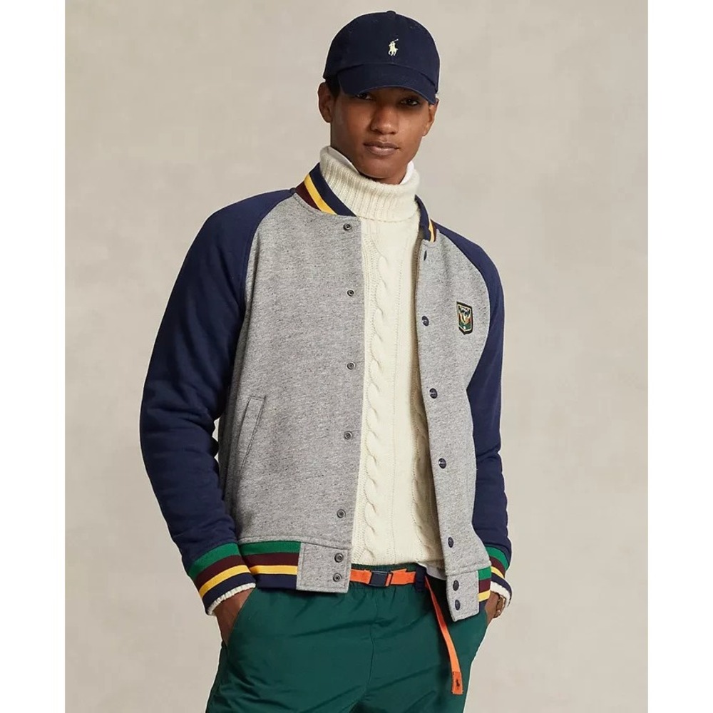 Polo Ralph Lauren Laurel Crest Fleece Baseball‎ Jacket Men 2XL Grey Navy Snap Up